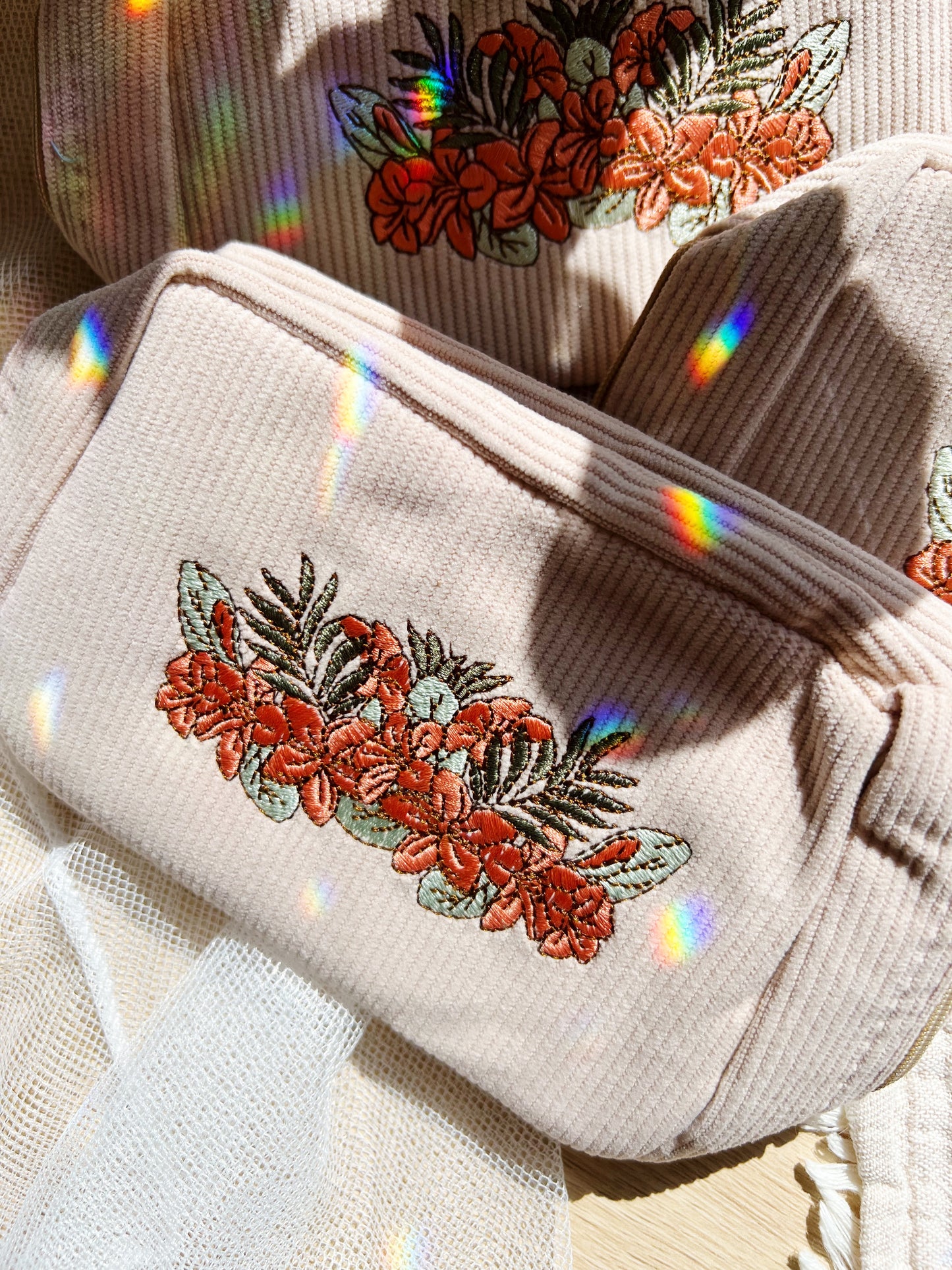 Corduroy Makeup Bag White Sand Flowers