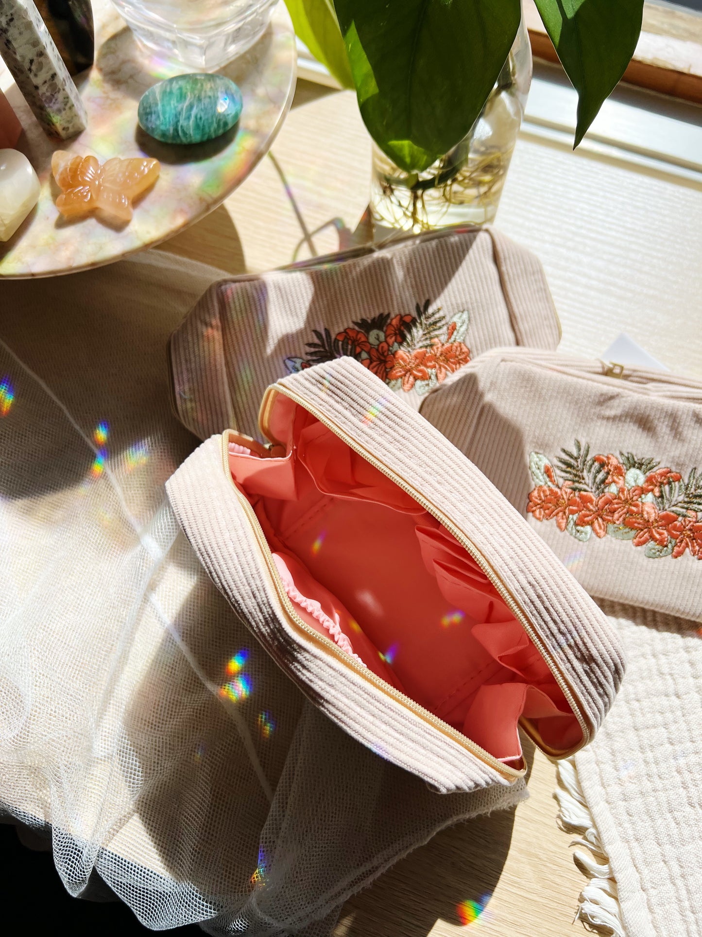 Corduroy Makeup Bag White Sand Flowers