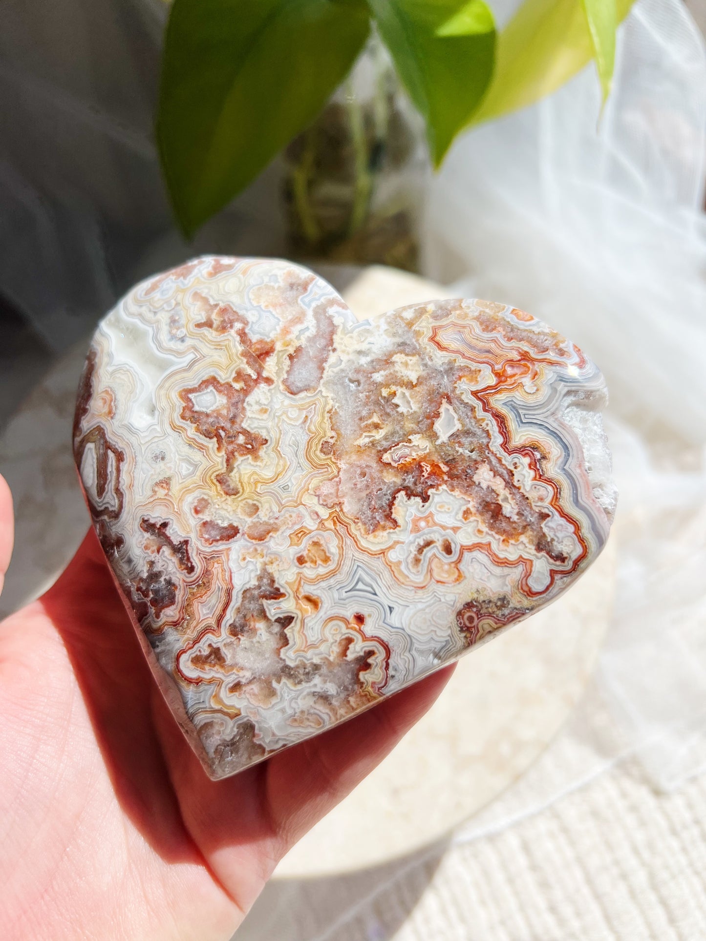 Crazy Lace Agate Hjerte på Metallstativ – ca. 280g #11