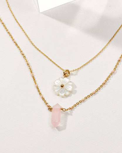 Blooming Layered Halskjedesett- Rose Quartz