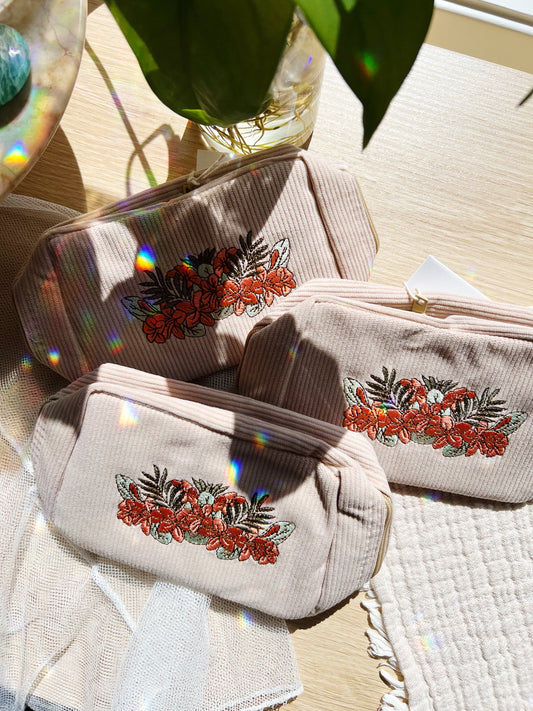 Corduroy Makeup Bag White Sand Flowers