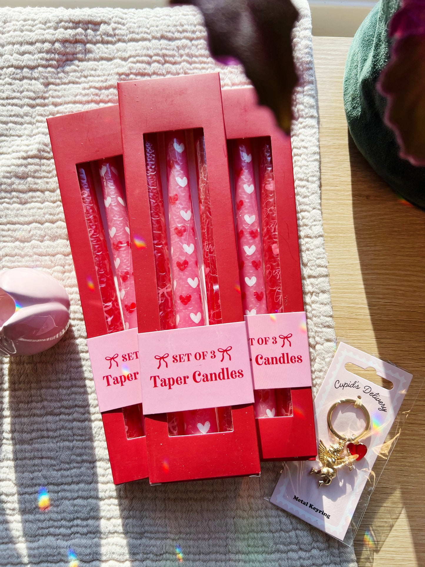 Sløyfe og Hjerte Valentins Kronelys - Sett med 3