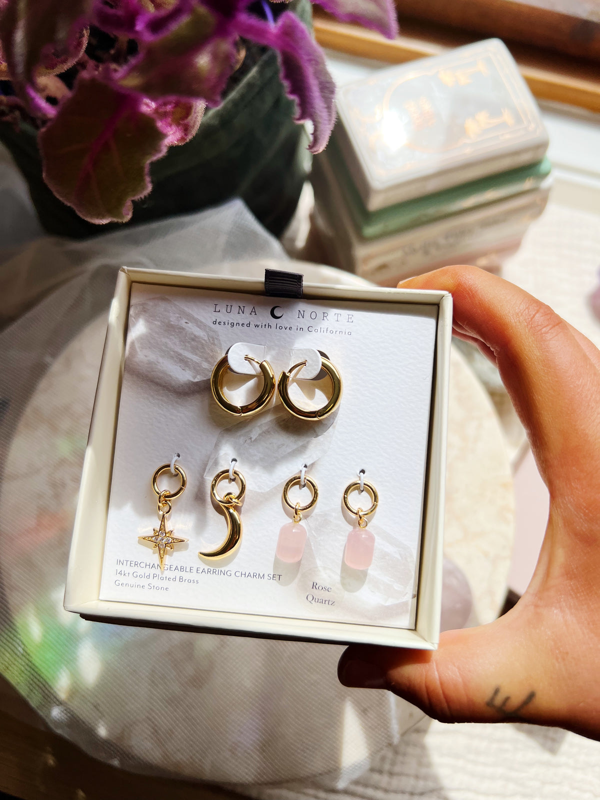 Constella Utskiftbar Charm Hoop Sett - Rosenkvarts