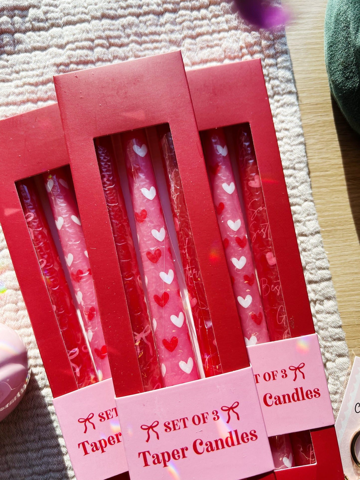 Sløyfe og Hjerte Valentins Kronelys - Sett med 3