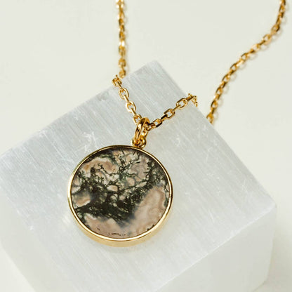 Mini Terrarium Long Medallion Halskjede - Moss Agate