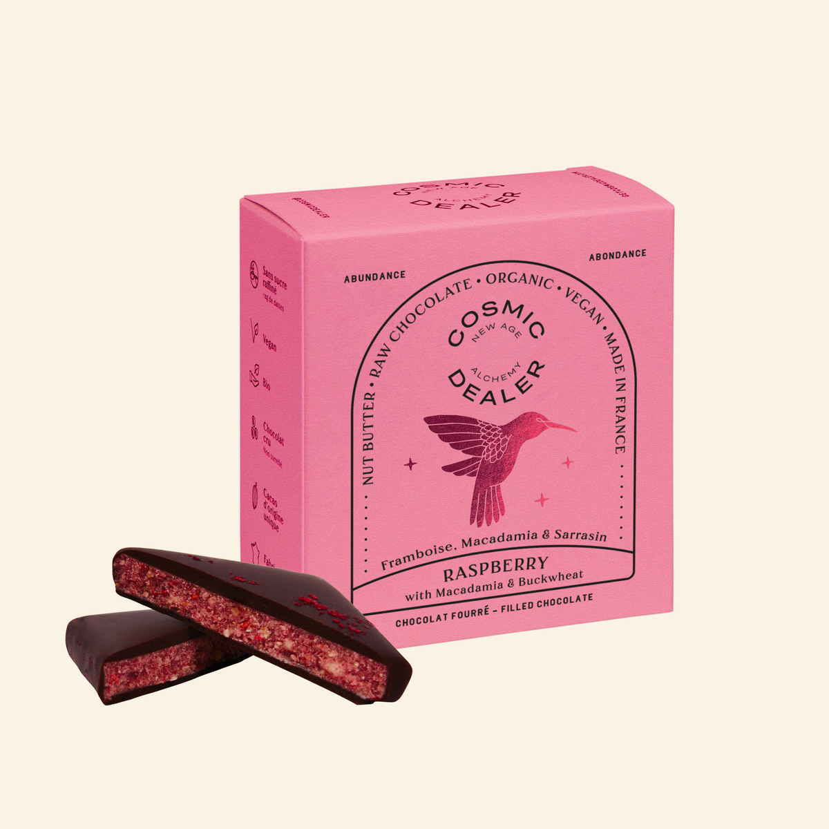Boks med 4 Raspberry & Macadamia Sjokolader