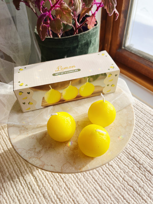 Sett med 3 Sitronformede Stearinlys