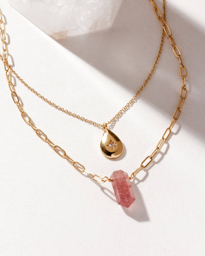 Golden Drip Halskjede - Strawberry Quartz