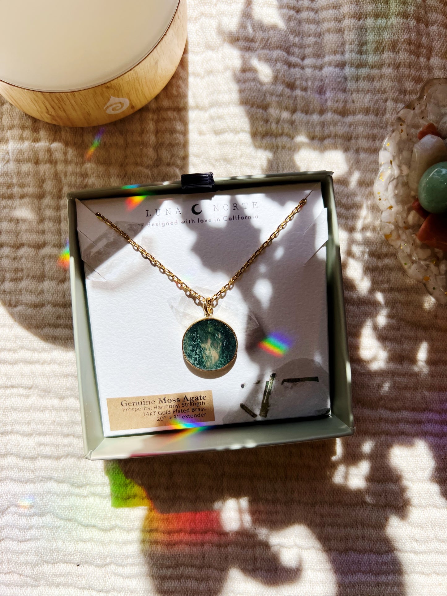 Mini Terrarium Long Medallion Halskjede - Moss Agate
