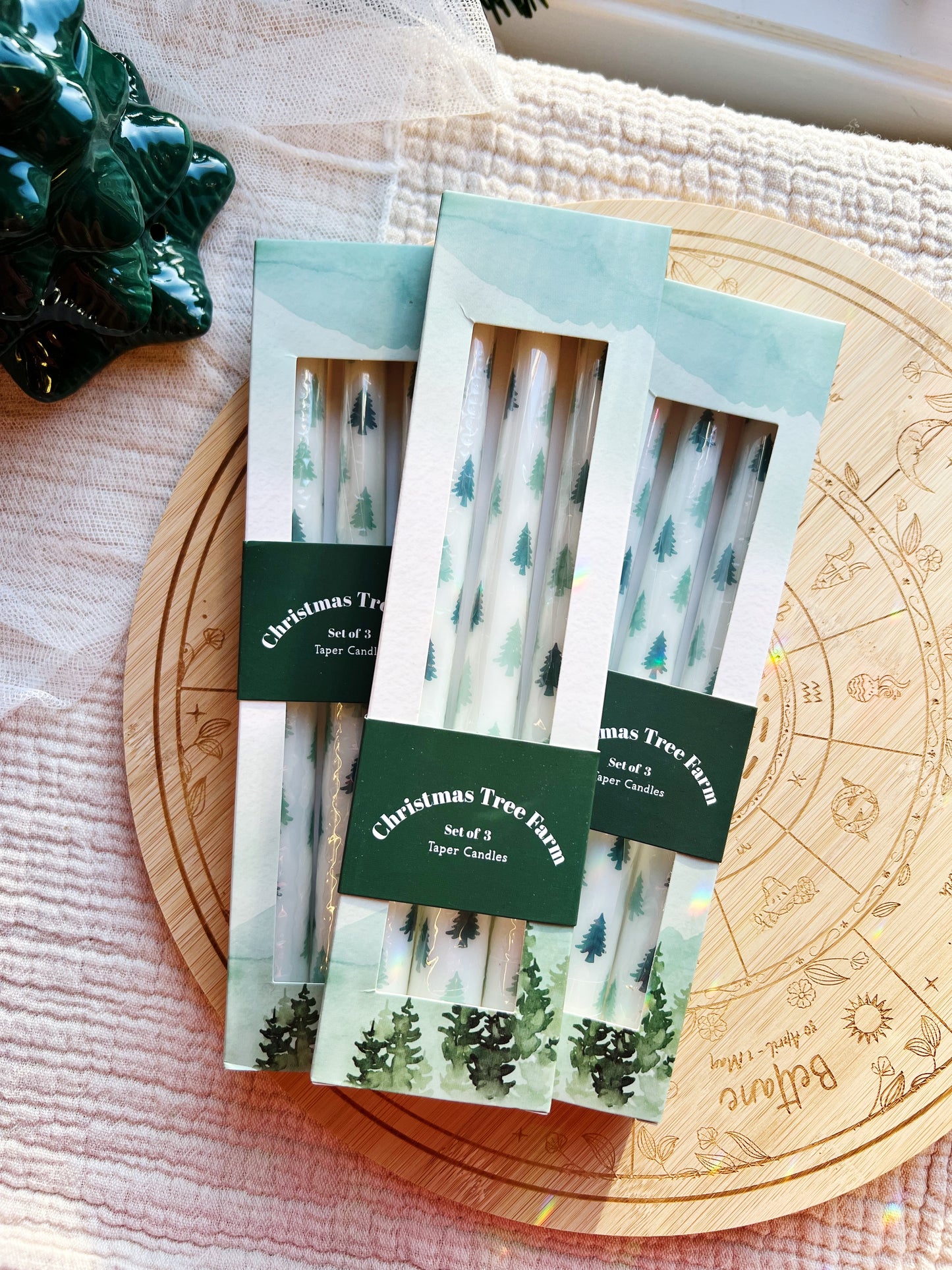 Set av 3 Hvite Kronelys med tre-motiver