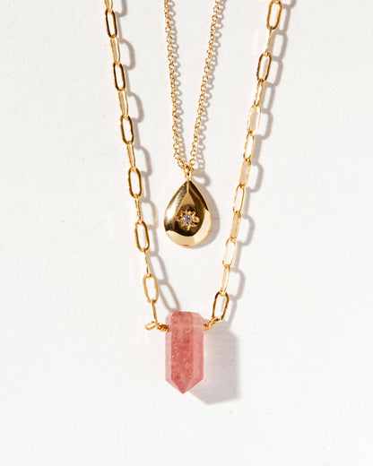 Golden Drip Halskjede - Strawberry Quartz